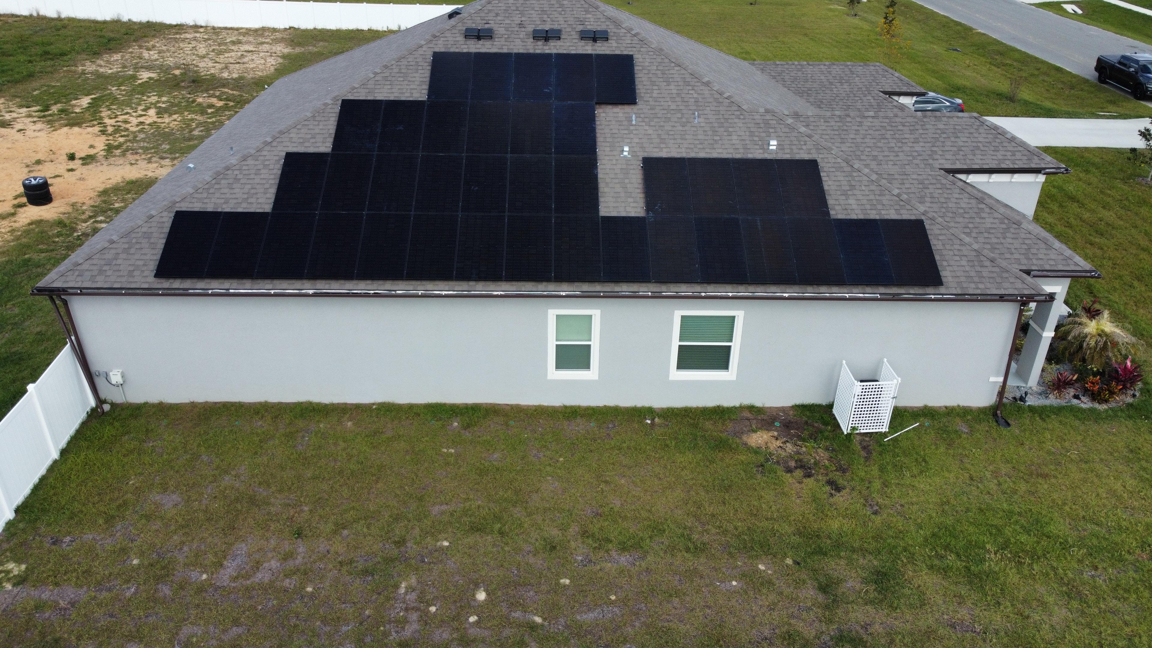 Aerial view of a residential solar-panel roof